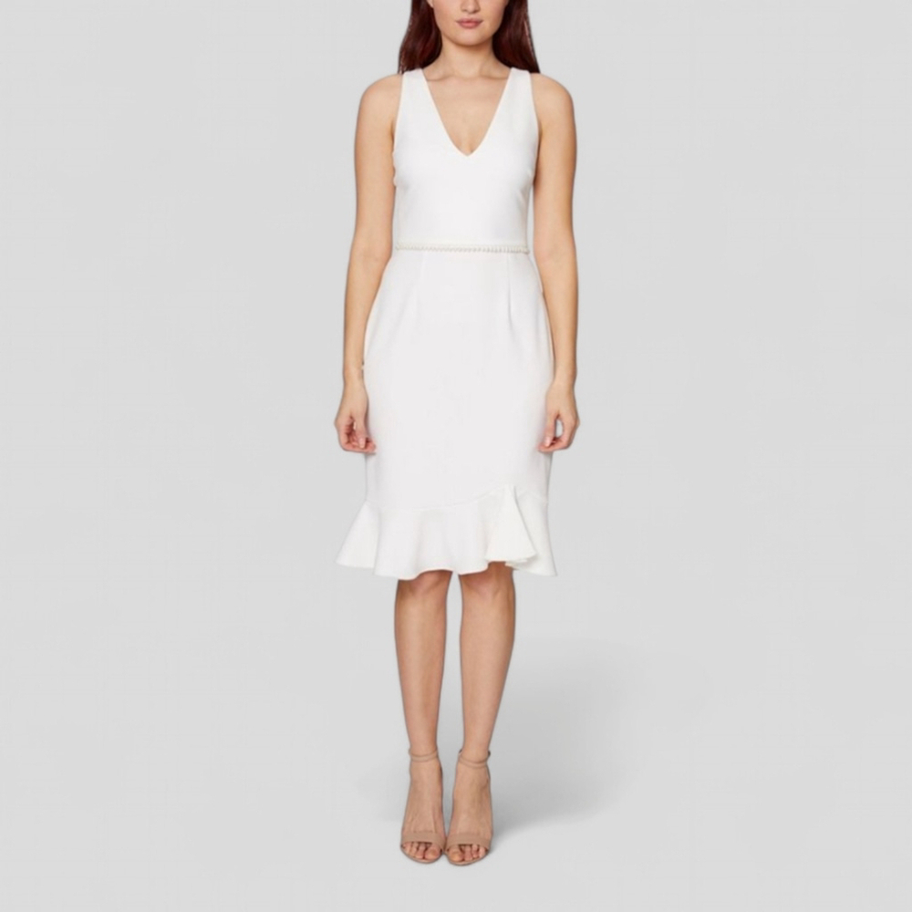 Betsey Johnson Pearl Trim Scuba Flounced Crepe V-neck Dress Sz 8 White Frosting